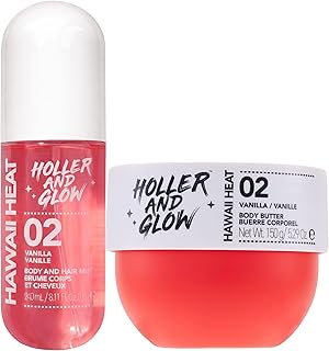 Bundle of Holler And Glow Hawaii Heat Body & Hair Mist + Body Butter, Body Spray, Warm Vanilla, Peony & Amber Scented, Moisturizing, Nourishing, Shea Butter, Peony, Amber Scented, 2 Piece Set